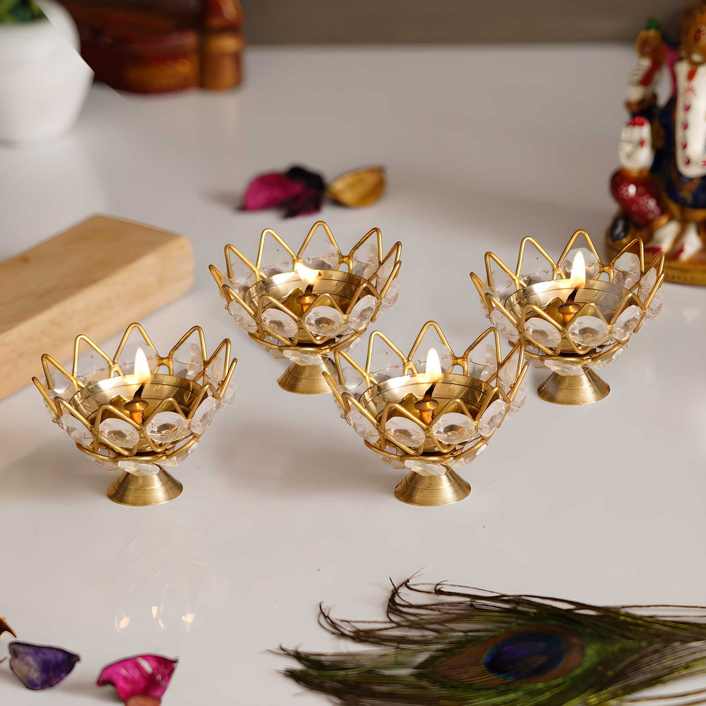 4 Lotus Shape Crystal Tea Light Holder