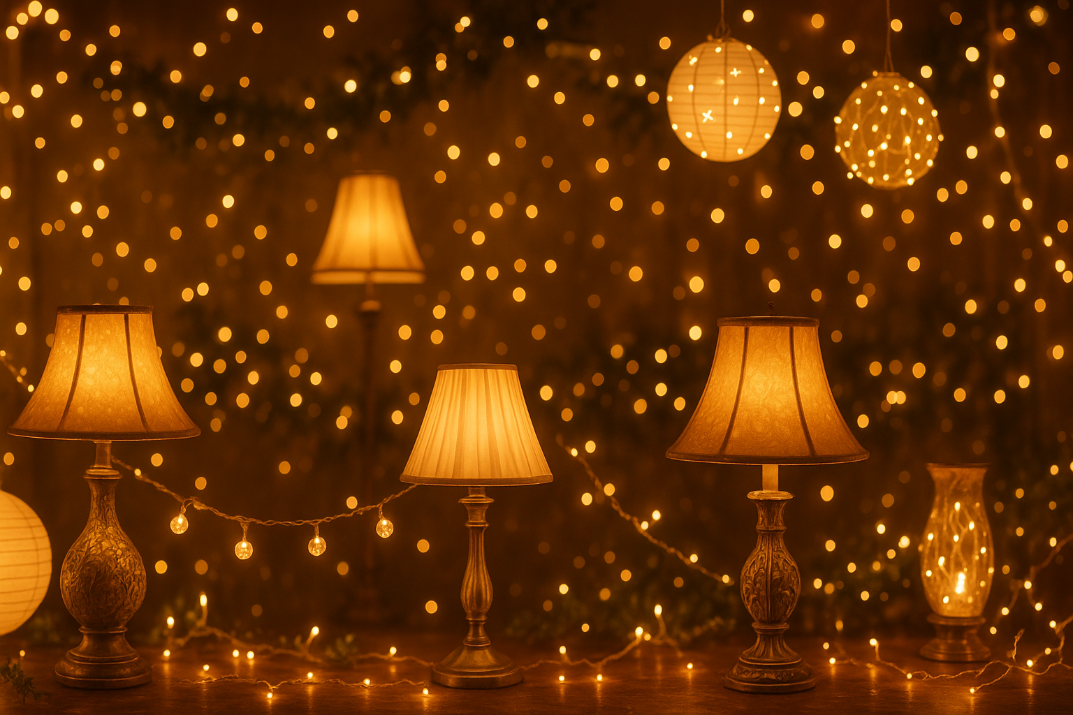 Design a  image banner showcasing an array of decorative lamps and festive lighting. The image must feel magical, cozy, and celebratory